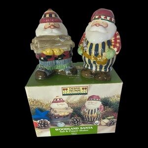 Woodland Santa Salt & Pepper Shakers Ceramic Woodsmen Logs Country Ceramic NIB